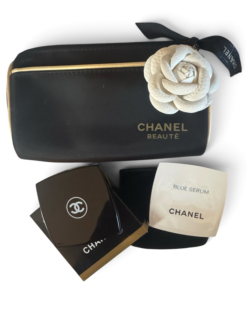 CHANEL Black and Gold Beauté Cosmetic Pouch with Camellia Accent & CHANEL mirror